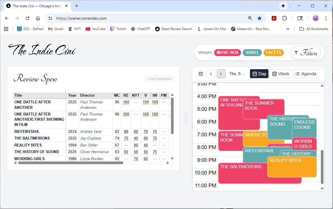 The Indie Cini calendar and review dashboard